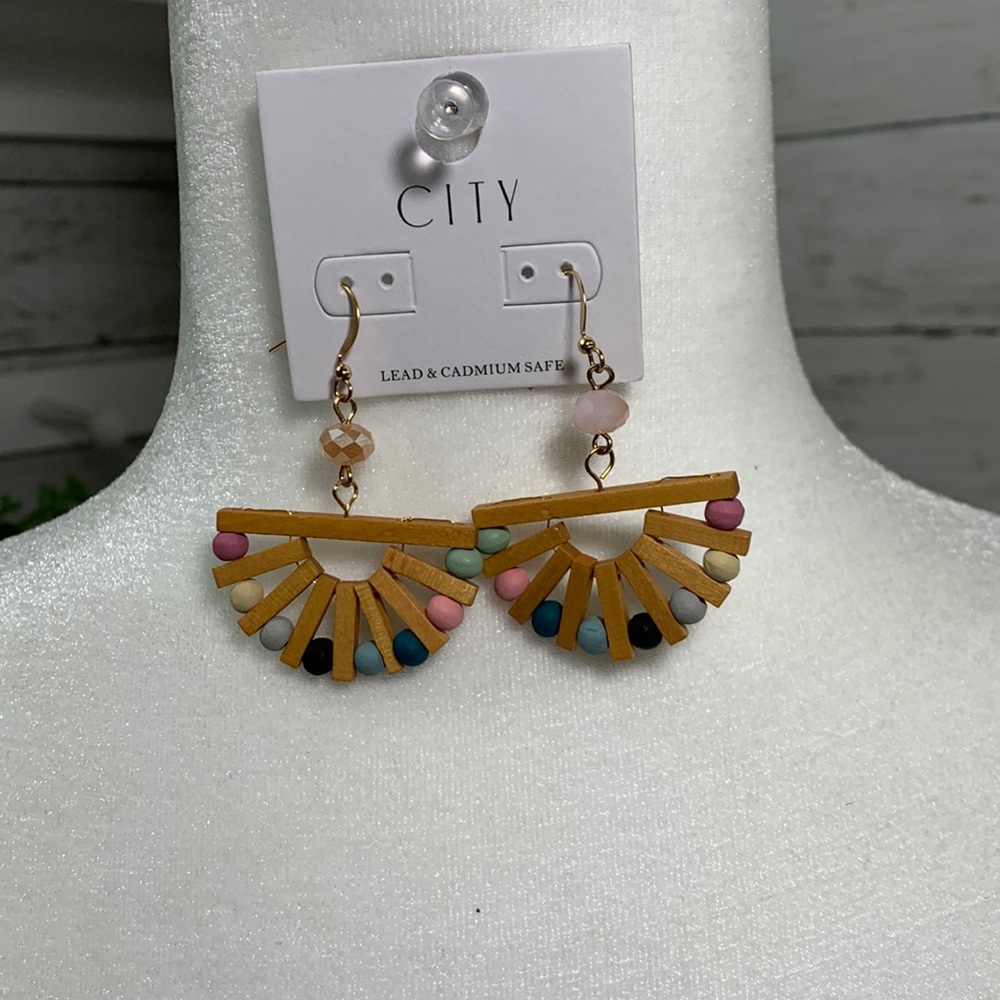 City Brand Wooden Fan Bead Fishhook Earrings Pink Blue Green Tan